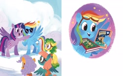 Size: 2268x1406 | Tagged: safe, artist:zoe persico, daring do, rainbow dash, twilight sparkle, alicorn, pegasus, pony, g4, official, book, cloud, cloudsdale, female, filly, goggles, hoof hold, little golden book, mare, on a cloud, rainbow dash: reading rainboom, stars, sunglasses, twilight sparkle (alicorn), unnamed character, unnamed pony