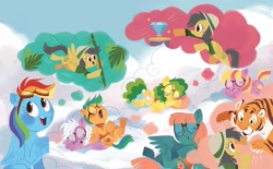Size: 2268x1406 | Tagged: safe, artist:zoe persico, daring do, puddle jump, rainbow dash, big cat, pegasus, pony, tiger, g4, official, book, cloud, cloudsdale, diamond, female, filly, flight camp, hat, hoof hold, junior speedsters, little golden book, male, mare, on a cloud, rainbow dash: reading rainboom, sleeping, stallion, thought bubble, unnamed character, unnamed pony, vine