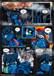 Size: 2480x3508 | Tagged: safe, artist:dsana, oc, oc:lullaby dusk, oc:rust wing, pegasus, pony, timber wolf, comic:a storm's lullaby, bandage, climbing, cloud, comic, dialogue, duo, female, forest, high res, male, mouth hold, open mouth, outdoors, snow, speech bubble, tree