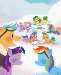 Size: 1134x1406 | Tagged: safe, artist:zoe persico, puddle jump, rainbow dash, twilight sparkle, alicorn, pegasus, pony, g4, official, rainbow dash: reading rainboom, book, cloud, cloudsdale, female, filly, flight camp, goggles, junior speedsters, little golden book, male, mare, on a cloud, reading, stallion, twilight sparkle (alicorn), unnamed character, unnamed pony