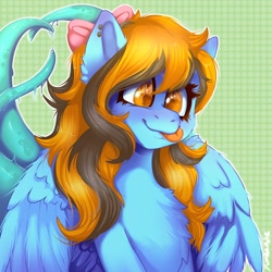 Size: 1024x1024 | Tagged: safe, artist:yumkandie, oc, oc only, oc:sarah, pegasus, pony, bow, bust, female, hair bow, solo, tentacle tail, tentacles, tongue out