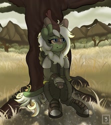 Size: 1440x1624 | Tagged: safe, artist:orbitingdamoon, oc, oc only, kirin, fallout equestria, cloak, clothes, field, grass, looking away, outdoors, shading, sitting, solo, sunlight, tree, under the tree