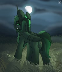 Size: 1440x1689 | Tagged: safe, artist:orbitingdamoon, alicorn, pony, fallout equestria, artificial alicorn, grass, green, green alicorn (fo:e), grin, horn, looking back, moon, night, smiling, solo, tall, wings