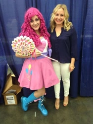 Size: 1072x1429 | Tagged: safe, artist:sarahndipity cosplay, pinkie pie, human, bronycon, bronycon 2015, equestria girls, g4, andrea libman, blouse, boots, clothes, cosplay, costume, high heels, irl, irl human, photo, shoes, skirt, voice actor