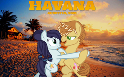Size: 2064x1290 | Tagged: safe, artist:themexicanpunisher, edit, coloratura, feather bangs, earth pony, pony, g4, 2021, august, beach, bipedal, camila cabello, colorabangs, cuba, dancing, female, havana, looking at each other, lyrics in the description, male, mare, ocean, shipping, smiling, smiling at each other, song reference, stallion, straight, summer, sunset, youtube link