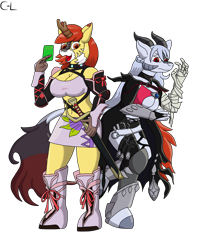 Size: 2480x3000 | Tagged: safe, artist:cyborglucario, oc, oc only, oc:mystic fire, oc:silver scorch, kirin, anthro, unguligrade anthro, breasts, clothes, high res, kirin oc, milla maxwell, tales of berseria, tales of series, tales of xillia, velvet crowe