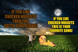 Size: 728x482 | Tagged: safe, artist:wissle, sunset shimmer, pony, raccoon, unicorn, g4, chicken meat, chicken nugget, duo, female, food, male, meat, meme, meme parody, nick bean, one eye closed, open mouth, parody, regular show, rigby (regular show), rigset, song reference