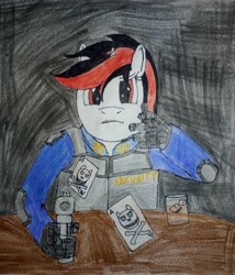 Size: 3120x3644 | Tagged: safe, artist:überreaktor, oc, oc only, oc:blackjack, unicorn, anthro, fallout equestria, fallout equestria: project horizons, 12.7mm pistol, ace of spades, alcohol, cybernetic hands, cybernetic limbs, fanfic art, gambling, glare, glass, gun, hand, high res, horn, ice cubes, photo, playing card, poker, skull and crossbones, small horn, solo, this will end in death, this will end in tears, this will end in tears and/or death, traditional art, two toned mane, vigilance (gun), weapon, whiskey