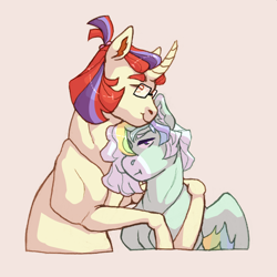 Size: 2000x2000 | Tagged: safe, artist:elf-hollow, moondancer, oc, oc:flash flood, pegasus, pony, unicorn, g4, female, glasses, high res, hug, magical lesbian spawn, male, missing accessory, mother and child, mother and son, offspring, parent:moondancer, parent:rainbow dash, parents:rainbowdancer, pouting, short hair, simple background, smiling, stallion