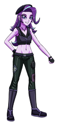 Size: 1432x3000 | Tagged: safe, artist:artemis-polara, starlight glimmer, equestria girls, g4, belly, belly button, beret, boots, clothes, gloves, hat, jewelry, midriff, necklace, pants, shoes, simple background, smiling, solo, transparent background, vest