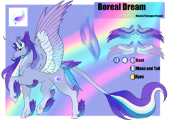 Size: 1920x1358 | Tagged: safe, artist:oneiria-fylakas, oc, oc only, oc:boreal dream, alicorn, pony, female, mare, reference sheet, solo, tail feathers