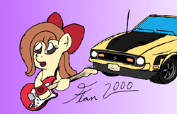 Size: 2392x1537 | Tagged: safe, artist:sparkfler85, oc, oc only, oc:flani bainilye, earth pony, pony, bow, bracelet, car, cute, electric guitar, female, fender stratocaster, ford, ford mustang, ford mustang mach 1, freckles, guitar, jewelry, mare, musical instrument, simple background
