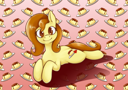 Size: 3508x2480 | Tagged: safe, artist:wild-thunder06, oc, oc only, oc:flani bainilye, earth pony, pony, female, flan, food, high res, mare, pudding, solo