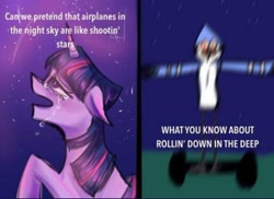 Size: 1242x904 | Tagged: safe, twilight sparkle, pony, unicorn, g4, aeroplanes and meteor showers, airplanes (song), astronaut in the ocean, b.o.b., crack shipping, crossover, crossover shipping, crying, epic fail, female, glowing eyes, hayley williams, male, masked wolf, meme, mordecai, mordetwi, redraw mordetwi meme, regular show, shipping, song, straight, swegway, t pose, unicorn twilight