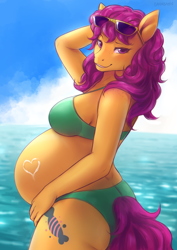 Size: 2480x3508 | Tagged: safe, artist:nsfwbonbon, bon bon (g1), earth pony, anthro, g1, belly, big belly, bikini, breasts, clothes, female, high res, implied tail hole, pregnant, smiling, solo, sunglasses, swimsuit, tail