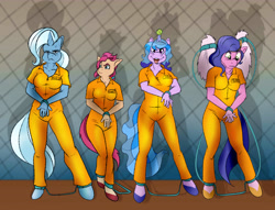 Size: 8500x6500 | Tagged: safe, artist:joesanchez, izzy moonbow, pipp petals, sunny starscout, trixie, earth pony, pegasus, unicorn, anthro, g4, g5, ball, bondage, bound wings, clothes, commission, cuffs, height difference, horn, hornball, izzy's tennis ball, jumpsuit, pipp is tall, prison outfit, prisoner, prisoner im, prisoner pipp, prisoner ss, prisoner tx, shackles, sunny is short, tennis ball, varying degrees of want, wing cuffs, wings