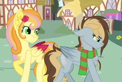 Size: 1197x816 | Tagged: safe, artist:dubstepicdj, oc, oc only, oc:abeline grain macintosh, oc:ditzy discovery whooves, pegasus, pony, clothes, colored wings, colored wingtips, deviantart watermark, female, flower, flower in hair, mare, obtrusive watermark, offspring, parent:big macintosh, parent:derpy hooves, parent:doctor whooves, parent:fluttershy, parents:doctorderpy, parents:fluttermac, ponyville, scarf, watermark