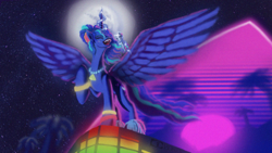 Size: 1920x1080 | Tagged: safe, artist:ciborgen, princess luna, alicorn, pony, between dark and dawn, g4, 80s princess luna, eyes closed, fangs, female, glowing horn, horn, magic, mare, microphone, retrowave, signature, singing, solo, spread wings, telekinesis, wings