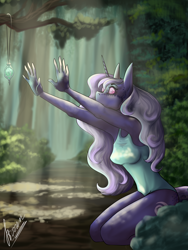 Size: 3000x4000 | Tagged: safe, alternate version, artist:stirren, oc, oc only, unicorn, anthro, breasts, clothes, commission, forest, forest background, horn, hypnosis, jewelry, one-piece swimsuit, pendant, skinny, solo, story included, swimsuit, swirly eyes, thin, ych result