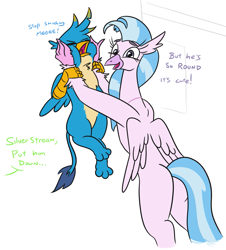 Size: 1095x1210 | Tagged: safe, artist:jargon scott, gallus, silverstream, classical hippogriff, griffon, hippogriff, g4, bipedal, bipedal leaning, butt, duo, female, happy, leaning, male, offscreen character, plot, size difference, squishy cheeks, streambutt