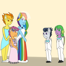 Size: 2048x2048 | Tagged: safe, artist:mintymelody, rainbow dash, rumble, scootaloo, spike, spitfire, anthro, g4, clothes, dress, female, flower filly, flower girl, flower girl dress, high res, male, marriage, ship:rumbloo, ship:scootaspike, shipping, straight, wedding, wedding dress, wedding veil
