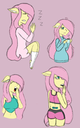 Size: 800x1280 | Tagged: source needed, safe, artist:mintymelody, fluttershy, anthro, g4, coffee, female, tattoo, tired, wingless, wingless anthro