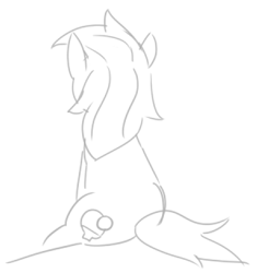 Size: 444x473 | Tagged: safe, artist:jargon scott, oc, oc only, oc:papaya nectar, earth pony, pony, butt, female, grayscale, looking away, mare, monochrome, plot, simple background, sitting, solo, white background
