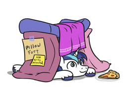 Size: 615x448 | Tagged: safe, artist:jargon scott, shining armor, pony, unicorn, g4, cute, food, lying down, male, no girls allowed, pillow, pillow fort, pizza, prone, shining adorable, sign, simple background, solo, sploot, stallion, white background