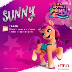 Size: 1080x1080 | Tagged: safe, sunny starscout, earth pony, pony, g5, my little pony: a new generation, official, abstract background, bag, female, mare, my little pony: a new generation logo, netflix, satchel, solo, spanish, stars, text