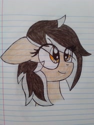 Size: 3120x4160 | Tagged: safe, artist:froyo15sugarblast, oc, oc only, oc:hearty felt, pegasus, pony, bust, cute, eye clipping through hair, female, floppy ears, high res, irl, lined paper, looking up, mare, not a tomboy, notebook, photo, portrait, solo, traditional art
