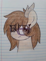 Size: 3120x4160 | Tagged: safe, artist:froyo15sugarblast, oc, oc only, oc:cinnamon tree, deer, deer pony, original species, pony, antlers, bust, eye clipping through hair, female, glasses, high res, irl, lined paper, looking away, notebook, photo, ponified, ponysona, portrait, solo, traditional art