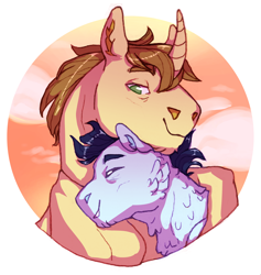 Size: 1896x2000 | Tagged: safe, artist:elf-hollow, donut joe, soarin', pegasus, pony, unicorn, g4, chest fluff, chin fluff, cloud, crack shipping, curved horn, duo, duo male, ear fluff, eyebrows, eyes closed, gay, horn, hug, lidded eyes, male, neck fluff, no pupils, outdoors, shipping, sky, smiling, snuggling, soarinjoe, stallion