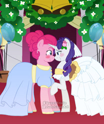 Size: 1280x1524 | Tagged: safe, artist:queertrixie, pinkie pie, rarity, pony, g4, balloon, clothes, dress, female, lesbian, marriage, ship:raripie, shipping, wedding, wedding dress