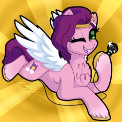 Size: 2904x2902 | Tagged: safe, artist:gleamydreams, pipp petals, pegasus, pony, g5, adorapipp, chest fluff, cute, female, happy, high res, hoof hold, mare, microphone, one eye closed, solo, wink