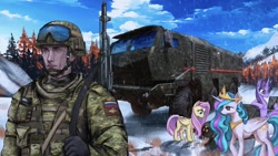 Size: 1920x1080 | Tagged: safe, artist:kaiserwillyii, fluttershy, princess celestia, twilight sparkle, alicorn, human, pegasus, pony, g4, army, mountain, nuclear weapon, russia, snow, snowfall, soldier, tree, truck, weapon, winter