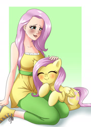 Size: 1280x1792 | Tagged: safe, artist:ioriyokusa01, fluttershy, human, pegasus, pony, g4, blushing, breasts, busty fluttershy, clothes, converse, cute, dress, eyes closed, human on pony petting, human ponidox, humanized, kneeling, petting, self ponidox, shoes, shyabetes, simple background, smiling, sneakers, snuggling