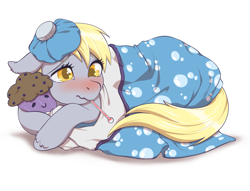 Size: 2560x1960 | Tagged: safe, artist:taytinabelle, derpy hooves, pegasus, pony, g4, adorable face, backwards thermometer, blanket, blushing, colored pupils, cuddling, curled up, cute, daaaaaaaaaaaw, derpabetes, ear fluff, female, fever, floppy ears, mare, plushie, pony holding plushie, sick, simple background, solo, thermometer, unshorn fetlocks, wavy mouth, weapons-grade cute, white background