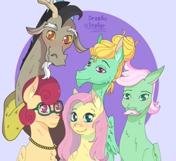 Size: 1200x1100 | Tagged: safe, artist:lululaozi, discord, fluttershy, gentle breeze, posey shy, zephyr breeze, pegasus, pony, g4, blushing, family, family photo, father and child, father and daughter, father and son, female, fluttershy's parents, glasses, interspecies, jewelry, male, mother and child, mother and daughter, mother and son, necklace, ship:discoshy, ship:shys, shipping, siblings, signature, simple background, straight