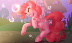 Size: 4000x2400 | Tagged: safe, artist:jesusy, pinkie pie, earth pony, pony, g4, bubble, female, high res, mare, ponyville, rearing, solo
