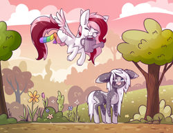 Size: 3120x2400 | Tagged: safe, artist:dsp2003, oc, oc only, oc:silverstreak, oc:toricelli, earth pony, pegasus, pony, amputee, annoyed, blushing, clothes, cloud, commission, eyes closed, female, floppy ears, flower, flying, glare, high res, mare, mouth hold, rainbow socks, signature, socks, sparkles, striped socks, this will not end well, tree, watering can, wet, wet mane