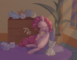Size: 1330x1050 | Tagged: safe, artist:paintinca, li'l cheese, pinkie pie, earth pony, pony, g4, the last problem, baby, baby pony, crepuscular rays, eyes closed, female, holding a pony, mare, missing cutie mark, mother and child, nursery, solo