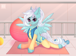 Size: 2932x2160 | Tagged: safe, artist:elektra-gertly, fleetfoot, oc, oc only, oc:nighty cloud, pegasus, pony, g4, alternate hairstyle, arm warmers, canon x oc, clothes, commission, commissioner:fleetfoot, cutie mark accessory, cutie mark necklace, exercise, exercise ball, eye clipping through hair, female, fleetnight, gym, gym uniform, gymnastics, high res, jewelry, leg warmers, leotard, lesbian, mare, necklace, practice, pretty, shipping, signature, smiling, solo, spread wings, uniform, wingboner, wings, wonderbolts uniform, yoga, yoga mat