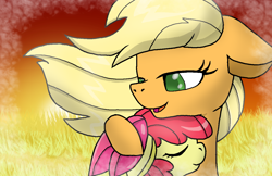Size: 1224x792 | Tagged: safe, artist:pokemon-fireevee, apple bloom, applejack, earth pony, pony, g4, apple bloom's bow, bow, eyes closed, female, filly, hair bow, hug, lidded eyes, loose hair, mare, open mouth, open smile, siblings, smiling