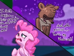 Size: 2732x2048 | Tagged: safe, artist:phutashi, pinkie pie, earth pony, pony, raccoon, g4, aeroplanes and meteor showers, crossover, crossover shipping, crying, female, floppy ears, high res, male, mare, meme, night, regular show, rigby (regular show), rigbypie, shipping, straight, subverted meme, wonderwall