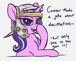 Size: 1914x1548 | Tagged: safe, artist:t72b, starlight glimmer, pony, unicorn, g4, alternate hairstyle, boop, dark comedy, helmet, historical roleplay starlight, joke, roman, self-boop, simple background, solo, talking to viewer