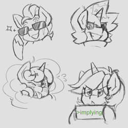 Size: 1200x1200 | Tagged: safe, artist:star, oc, oc only, pony, unicorn, >implying, blushing, hoof hold, magic, magic aura, one eye closed, scar, sign, smiling, sunglasses, tongue out, wink