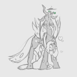 Size: 1200x1200 | Tagged: safe, artist:star, queen chrysalis, oc, changeling, changeling queen, kirin, g4, annoyed, explicit source, female, hanging, heart, hug, kirin oc, lidded eyes, tongue out, unamused
