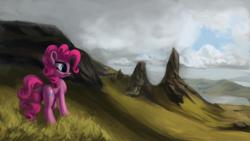 Size: 4000x2250 | Tagged: safe, artist:flusanix, pinkie pie, earth pony, pony, g4, female, high res, looking right, mare, mountain, mountain range, solo