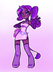 Size: 1104x1488 | Tagged: safe, artist:healhaw, artist:mercysstrap, rarity, human, g4, boots, clothes, dark skin, ear piercing, earring, evening gloves, eyelashes, female, gloves, gradient background, high heel boots, horn, horned humanization, humanized, jewelry, latex, latex boots, latex gloves, leonine tail, long gloves, makeup, necklace, piercing, purse, shoes, smiling, solo, tail, tailed humanization, thigh boots, waving