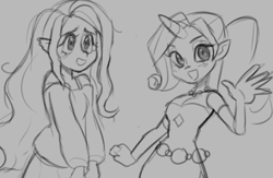 Size: 551x360 | Tagged: safe, artist:healhaw, artist:mercysstrap, fluttershy, rarity, human, g4, :d, clothes, duo, horn, horned humanization, humanized, lineart, monochrome, open mouth, smiling, waving